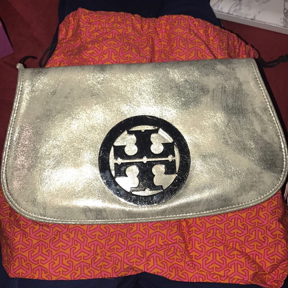 Tory Burch Brushed Metallic Silver Logo Clutch